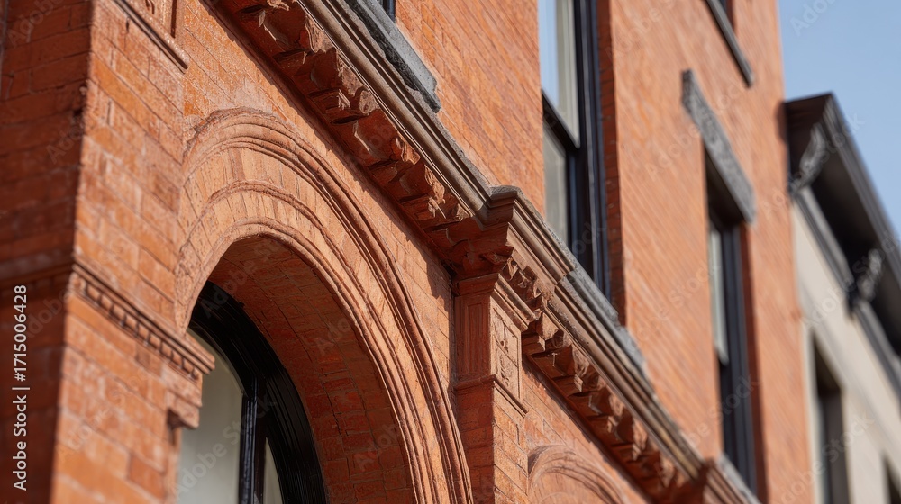 Obraz premium Close-Up Of Historic Red Brick Building Facade With Arched Windows. Architectural Detail And Craftsmanship