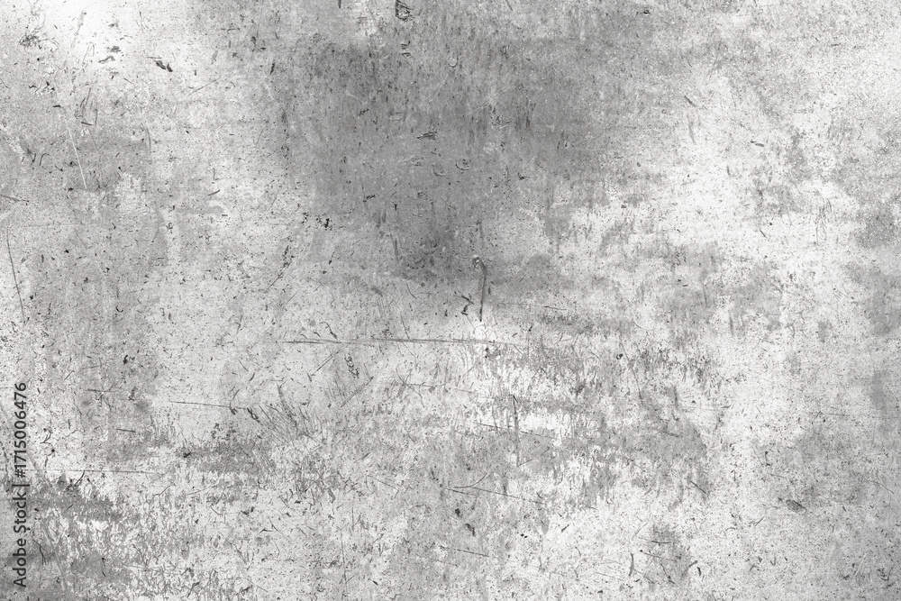 Fototapeta premium Grungy, scratched, and weathered aluminum surface texture with various stains and marks, creating an aged and industrial look in grayscale tones.