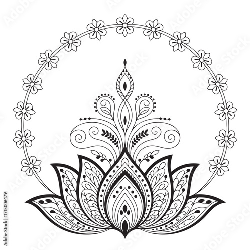 Lotus flower with floral circle isolated on white background