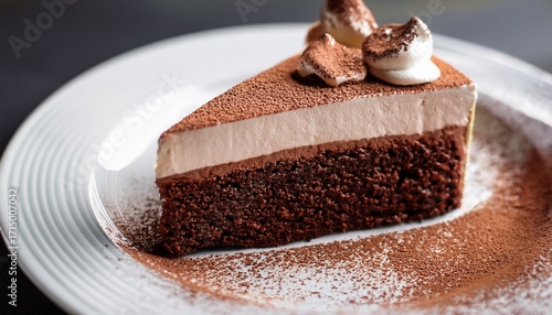 Isolated Closeup Of A Delicious Piece Of Chocolate Cake On A Plate Topped With Rich Cream And A Dusting Of Cocoa Powder Perfect For A Sweet Treat Or Birthday Celebration
