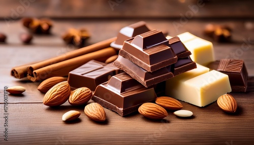 Still Life Arrangement Of Dark Chocolate Squares White Chocolate Chunks Almonds And Cinnamon Sticks On A Wooden Surface With A Blurred Background