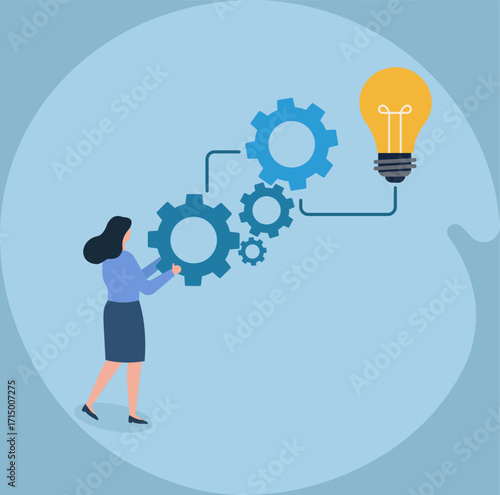 Systematic thinking sparks innovation—gears of effort drive ideas forward in a clean, modern business setting.