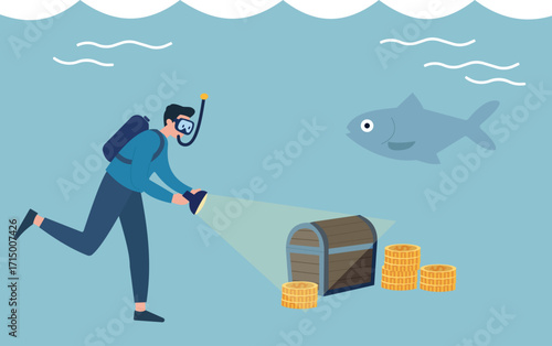 Underwater adventure scene with diver discovering treasure, evoking curiosity, exploration, and marine mystery.