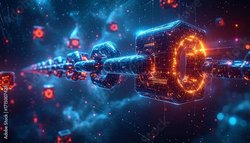 Futuristic Blockchain Network: Glowing Digital Chain in Cyberspace with Data Cubes