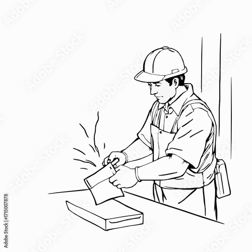 Construction worker in hard hat and apron working with tools and materials Keywords: construction, worker, man, male, hard hat, helmet, apron, tools, materials, working