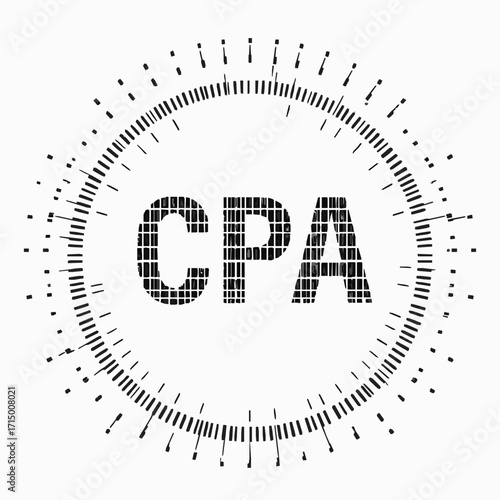 CPA text inside a circular digital data gauge with radiating lines on a white background certified public accountant
