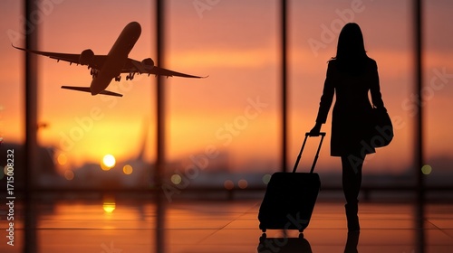 Silhouette of a Woman with Luggage at Airport During Sunset with Airplane Taking Off