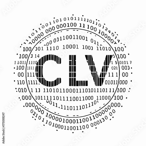 CLV acronym in barcode style surrounded by binary code and circular design digital