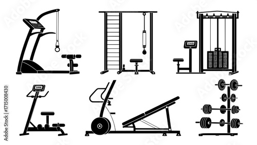 "Set of gym equipment icons including a treadmill, stationary bike, weight bench, cable machine, lat pulldown, pec deck, leg press, and inclined ab bench, presented as flat black silhouettes."