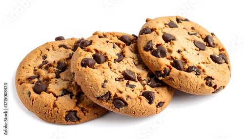 Three chocolate chip cookies stacked