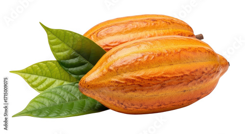 3d ripe cocoa pods with green leaves
