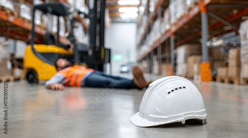 Man warehouse worker lying unconscious on floor after accident. Industrial safety or occupational injury concept. Workplace accident scene with hard hat.