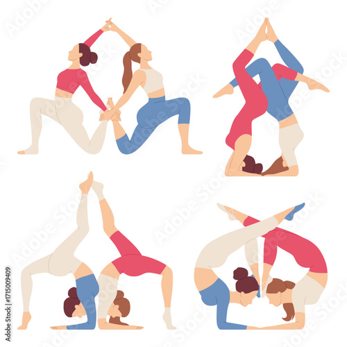 Collection of Women Practicing Pair Yoga Poses.