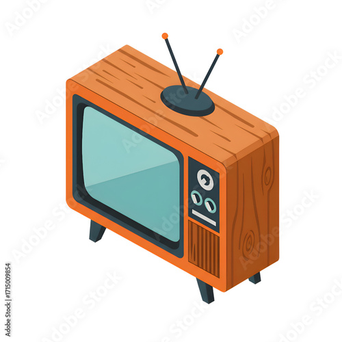 Isometric Retro TV with Wooden Orange Design and Light Blue Screen