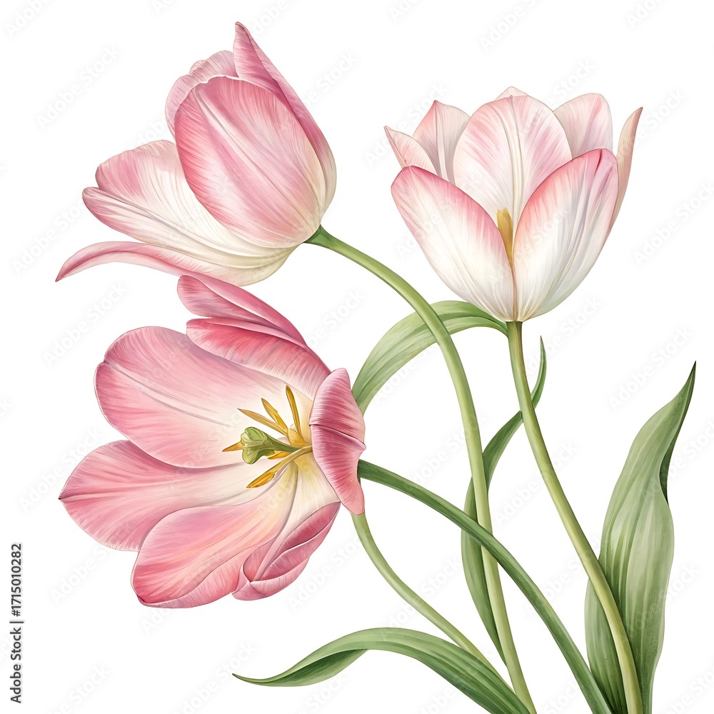 Naklejka premium Delicate pink tulips with green stems and leaves on a white background