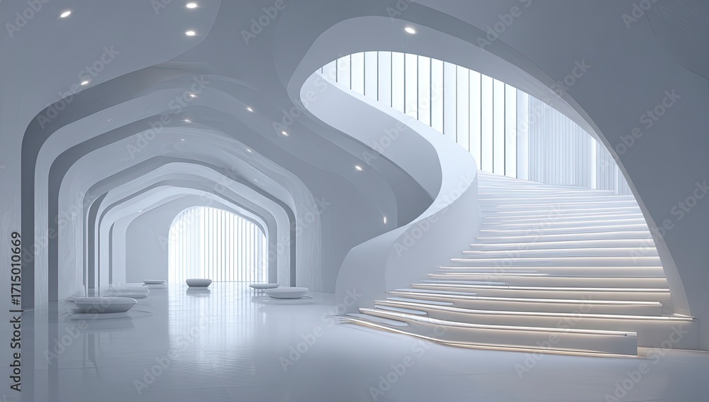 Fototapeta premium Modern white interior design with curved staircase