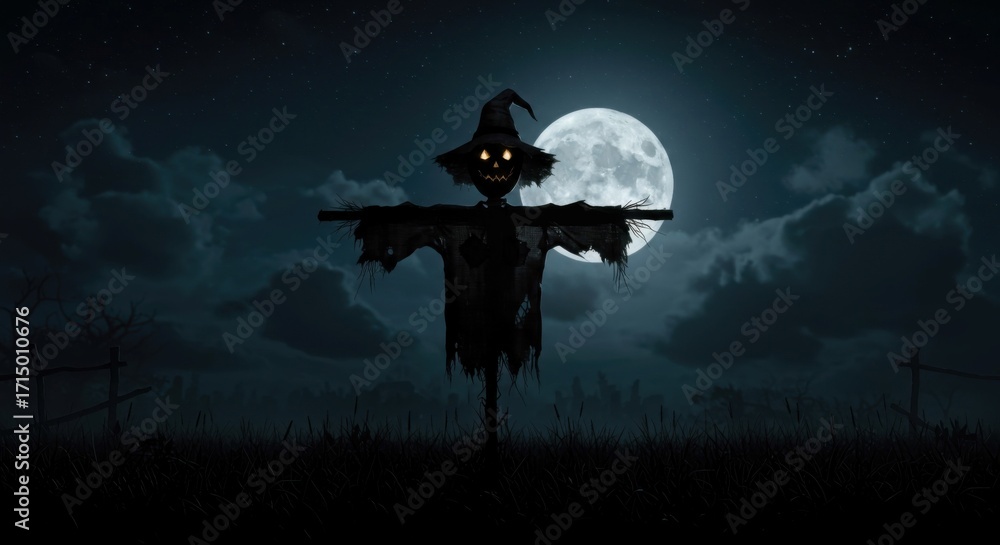 Fototapeta premium Creepy scarecrow silhouette under glowing moonlight.