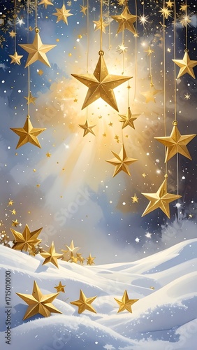 Golden stars hanging over snowy landscape