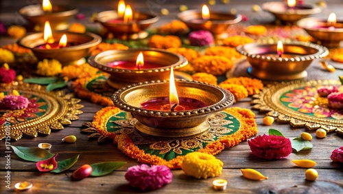Diwali festival celebration with illuminated oil lamps diyas, marigold flowers, and decorative rangoli patterns on a wooden surface, creating a vibrant and spiritual atmosphere