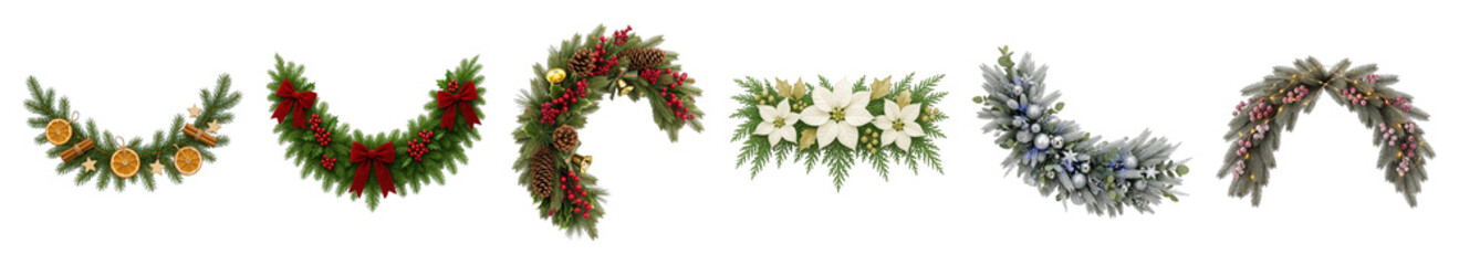 Christmas garlands set including traditional, rustic, elegant, frosted, and poinsettia styles isolated. Festive winter holiday decorations.