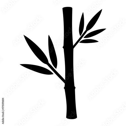 Simple stylized black bamboo stalk with leaves on a white background
