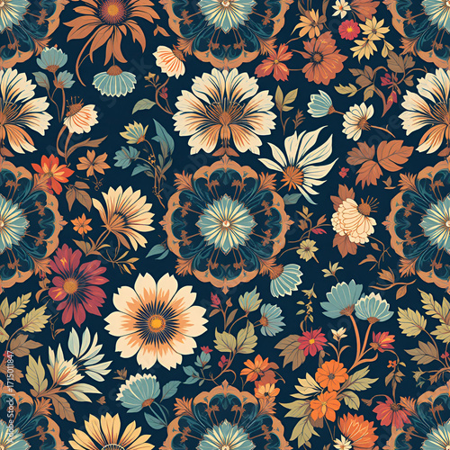 Seamless retro floral print featuring ogee geometric designs and Indonesian textile motifs perfect for home decor or fashion applications