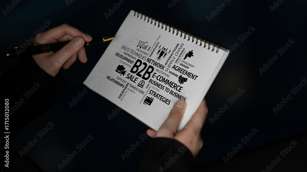 Fototapeta premium A close-up view of hands holding a sketchbook featuring various B2B e-commerce strategies and concepts set against a dark backdrop, symbolizing business growth and innovation. Tessel