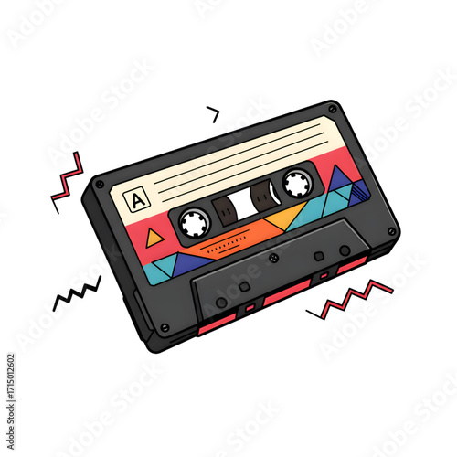 Retro Black Cassette Tape with Geometric Vibrant Neon Design