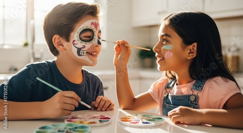 Smiling children painting sugar skull faces in bright kitchen