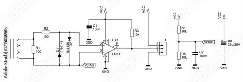 Schematic diagram of electronic device on sheet of paper. Vector drawing electrical circuit with integrated circuit of operational amplifier, connector,
resistor, capacitor, diode, transformer, other.