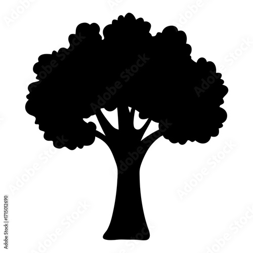 Silhouette of a large deciduous tree with dense foliage and trunk