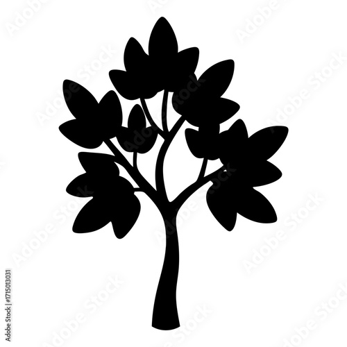 Simple Black Tree Silhouette with Rounded Leaves against a White Background