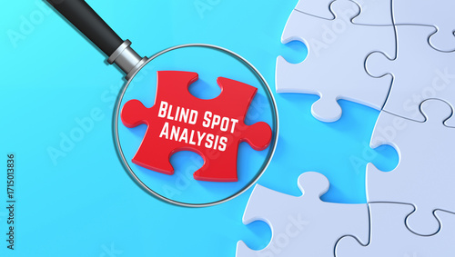Blind Spot Analysis message magnified on red puzzle background in 3D text banner 