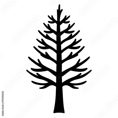 Silhouette of a winter tree with bare branches against a white background