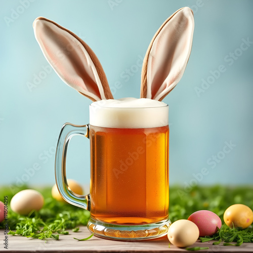 a mug of beer with bunny ears. Frothy ale in tankard with lagomorph ear comical beverage festive celebration novelty drinkware easter motif whimsical refreshment brew.
