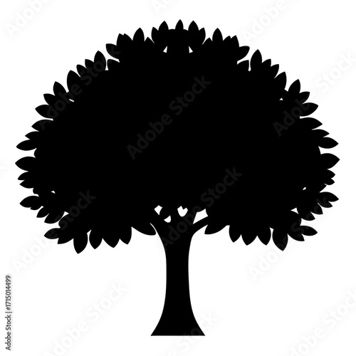 Silhouette of a full tree with round crown and detailed leaves