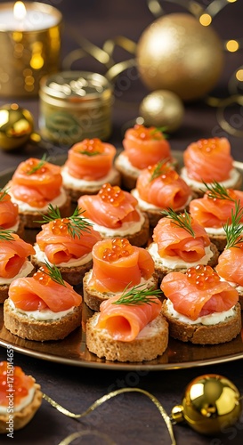 Festive holiday appetizers featuring smoked salmon and caviar on small toasts