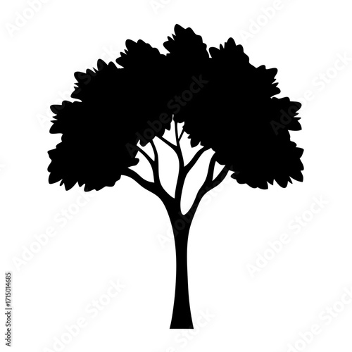 Simple black silhouette of a mature tree with full leaves and branches