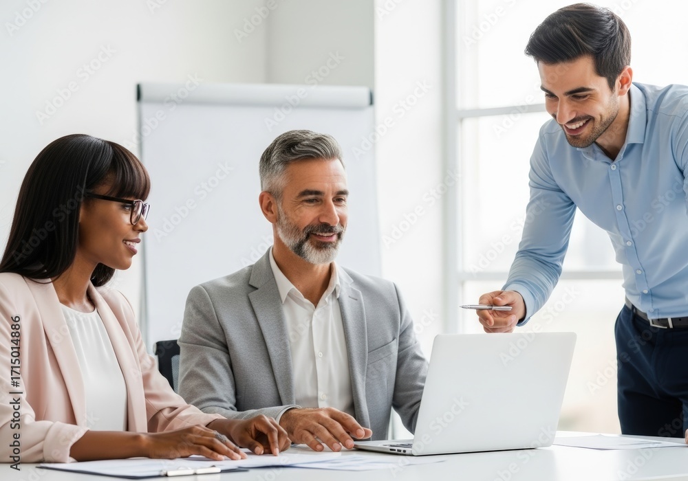 Obraz premium Diverse business team collaborates in modern office with laptop presentation and discussion promoting teamwork and professional growth.