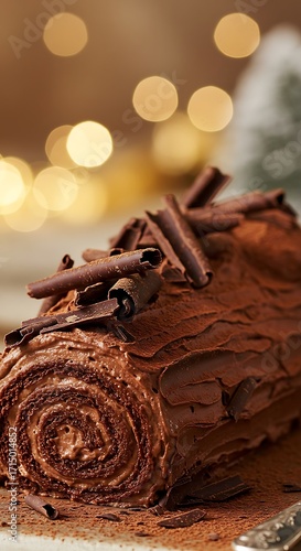 A delicious chocolate yule log cake dusted with cocoa powder and chocolate shavings, perfect for christmas celebrations