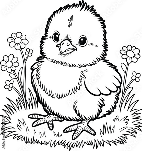Charming easter chick sitting amongst spring flowers and grass for coloring vector