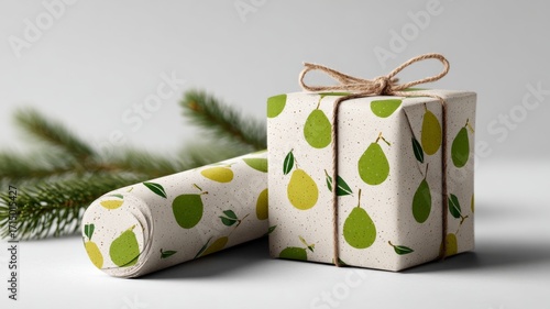 wrapping paper mockup, rolled sheets, wrapped gift box, crisp folds, satin ribbon