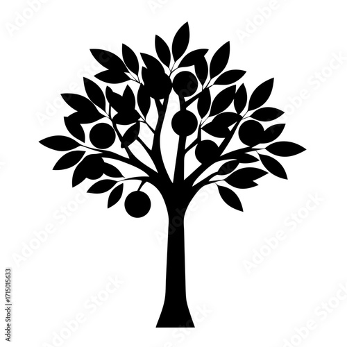 Stylized black and white tree with fruit and leaves illustration design