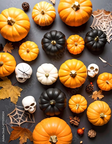Halloween pumpkins and decor on a dark background