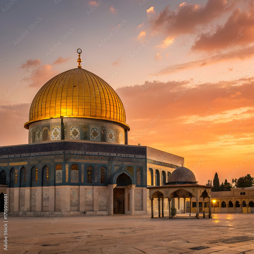 Obraz premium golden dome mosque with glowing lights at sunset