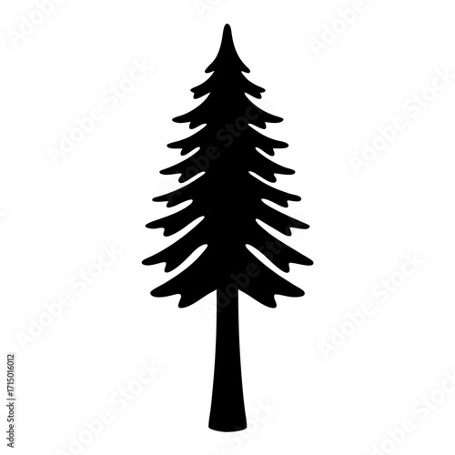 Black silhouette of a evergreen tree with irregular branches on a white backdrop