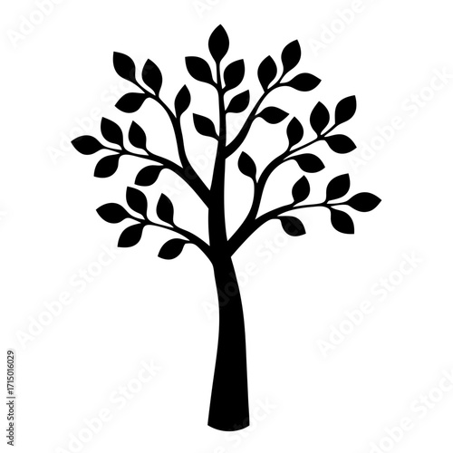 Minimalist black and white tree silhouette with elegant leaf shapes and branches