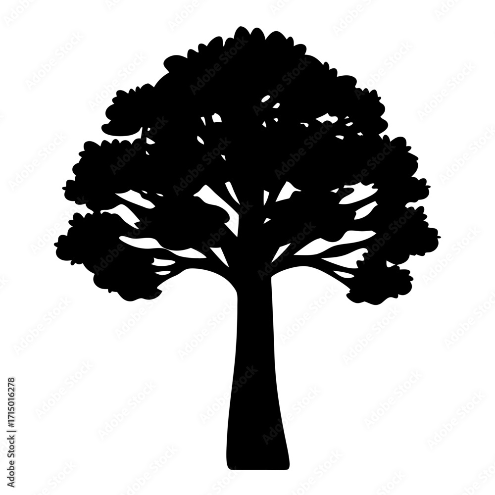 Fototapeta premium Black silhouette of a lush tree against white background nature scene