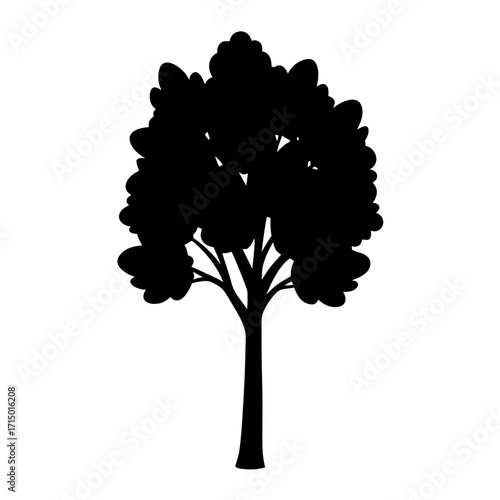 Black and white silhouette of a leafy tree with spreading branches