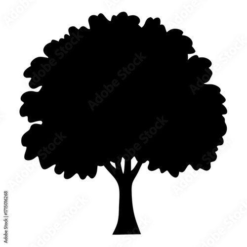 A simple black silhouette of a deciduous tree with a broad canopy